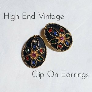 Vintage Gold Tone & Black Enamel Clip On Earrings